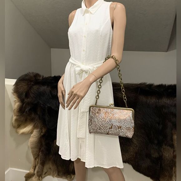 Handmade Genuine Cowhide Floral Embossed Kisslock Clutch/Shoulder Bag/Crossbody - Picture 4 of 16